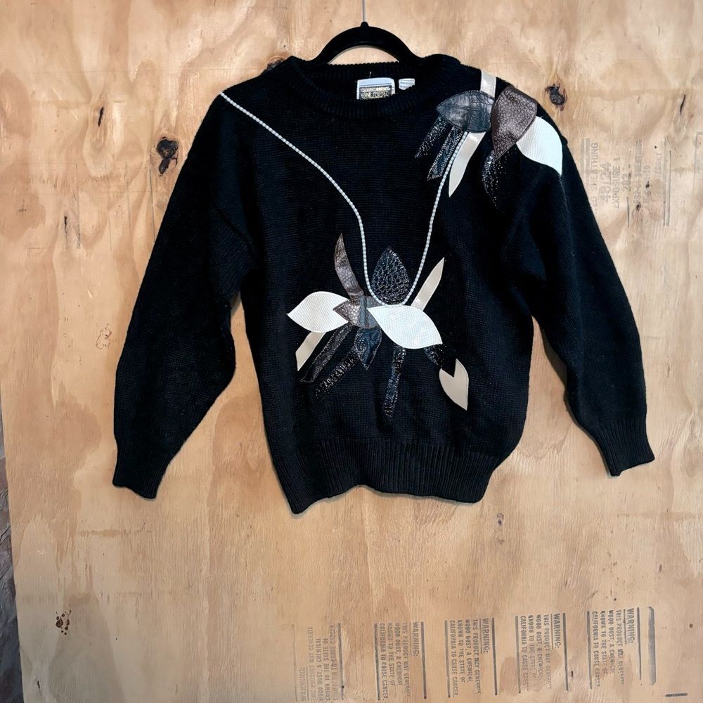 Vintage 70s Anytime Glitz Leather Floral Embellished Black Sweater Medium